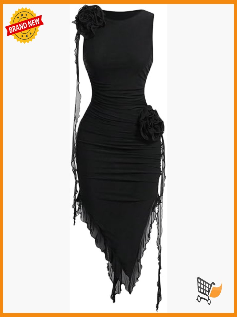 Bodycon Dress 3d Floral Ruched Round Neck Sleeveless Ruffle Hem Midi